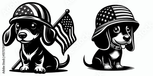 A Dachshund Dog wear american flag print soldier helmet. Independence Day 4th of July Patriotic Usa America Vector Clipart. Canine in stars and stripes headgear wiener trooper costume.