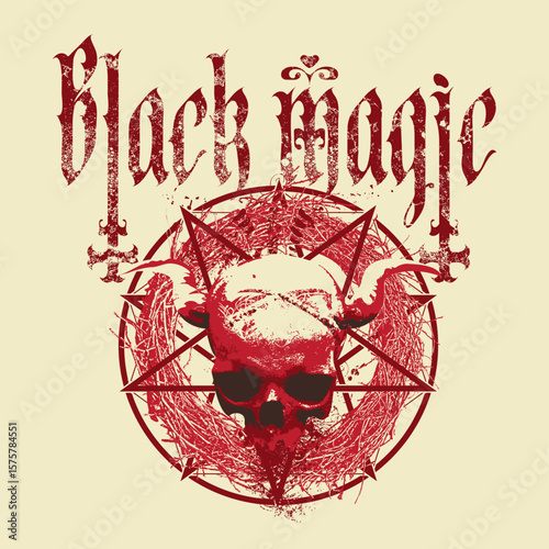Vector illustration with blood red human skull, pentagram, inverted crosses, occult and witchcraft signs in grunge style. Symbol of satanism Baphomet. T-shirt design, logo, music cover, poster. No ai