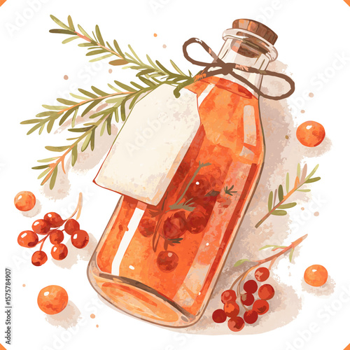 Vector illustration of sea buckthorn oil in glass bottle with tag and berries, in watercolor style on white background