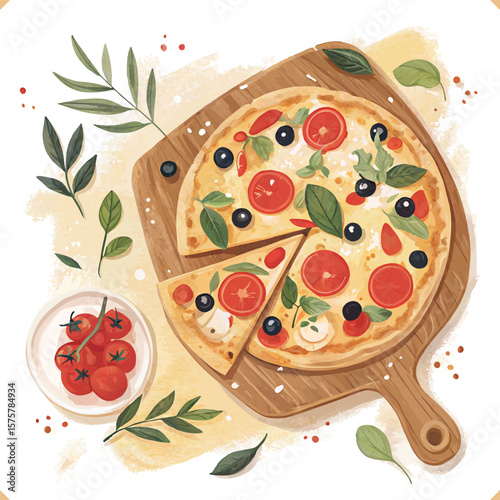 Vector illustration of Italian pizza with tomatoes, olives, basil, and olive oil on wooden board, watercolor style