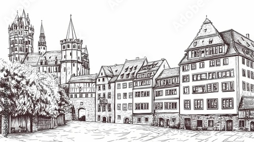 Hand drawn illustration of medieval european city street scene.