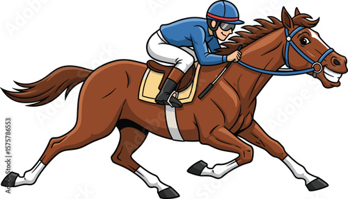 Cartoon jockey riding racehorse at full speed, smiling brown horse in motion, racing competition, sports character, funny illustration