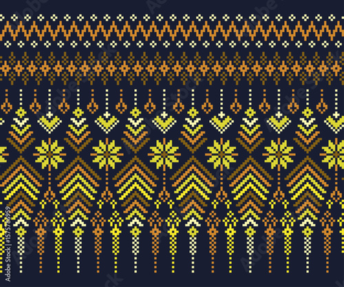 Seamless Geometric ethnic pattern. Floral pixel motifs traditional design for Saree, Patola, Sari, dupatta, clothing, fabric, batik, knitwear, embroidery, border, ornament, cross stitch, pixel pattern