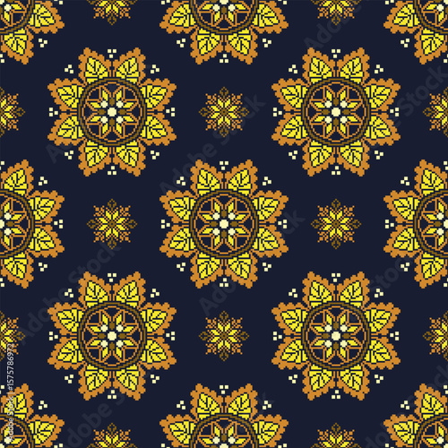 Seamless Thai ethnic oriental traditional fabric pattern. Embroidery Cross Stitch Ethnic pattern floral pixel art motifs in yellow, orange, brown, cream. Ideal for textiles, fashion, decor, clothing