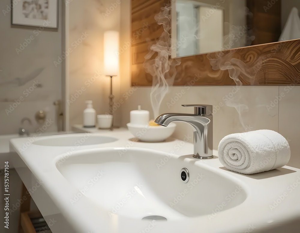 Close up of a modern bathroom sink with steam rising and a rolled towel on the countertop surface Close up of a modern bathroom sink with steam rising and a rolled towel on the countertop surface
