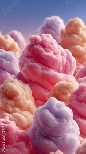Colorful cotton candy peaks create a whimsical landscape at a vibrant fairground during sunset