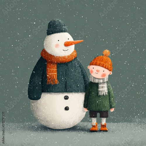 Child and snowman enjoy winter wonderland during snowfall in a cozy, festive atmosphere