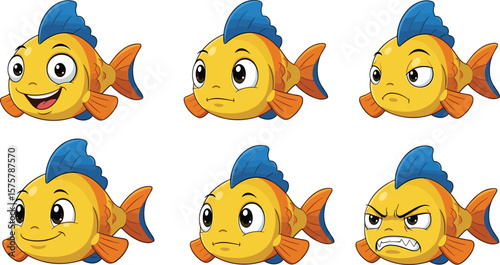 Cartoon yellow fish with blue fin showing six different facial expressions, cute aquatic character emotion set, underwater animation concept art