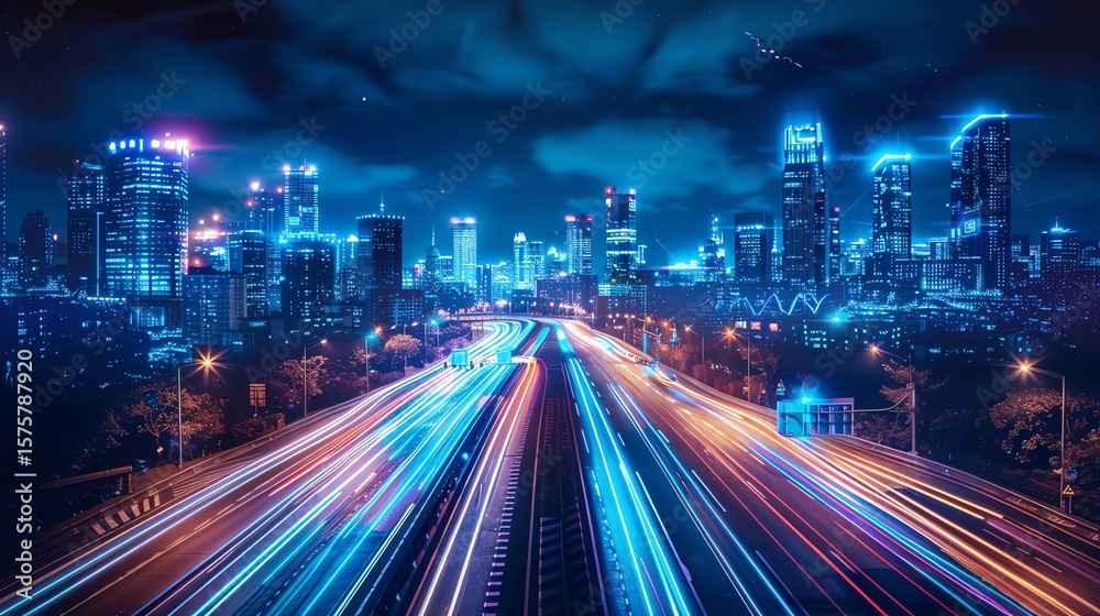 Futuristic cityscape at night with vibrant light trails on highway. Futuristic cityscape at night with vibrant light trails on highway.