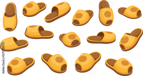 Cartoon yellow house slippers in multiple angles, cozy indoor footwear design illustration, soft comfy shoes, home relaxation comfort item