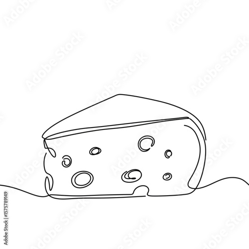 Fresh cheese slice with holes presents a tasty dairy treat using simple continuous line art, perfect for food blogs and minimalist designs.