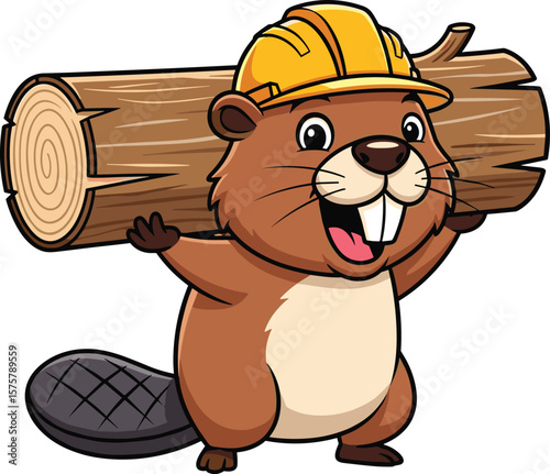Cute cartoon beaver character carrying wooden log, wearing construction helmet, lumberjack animal mascot for kids, comics, logo, stock illustration
