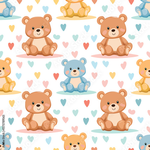 Simple repeating pattern of cute teddy bear in pastel background 