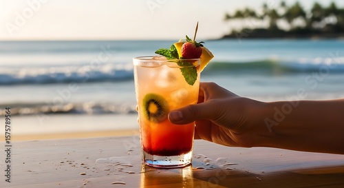 Refreshing Cocktail with Fruit on Tropical Beach at Sunset