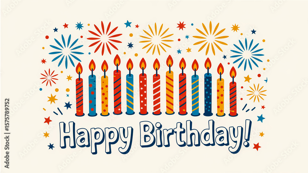 Obraz premium A whimsical hand-drawn birthday scene with colorful candles and vibrant fireworks on a clean white background