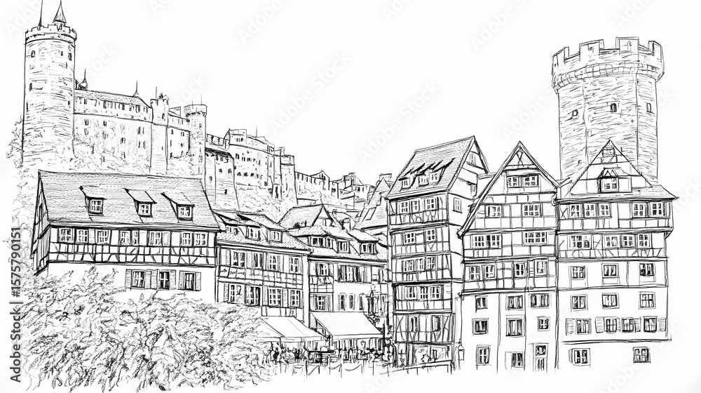 Obraz premium Hand-drawn illustration of a medieval european city.