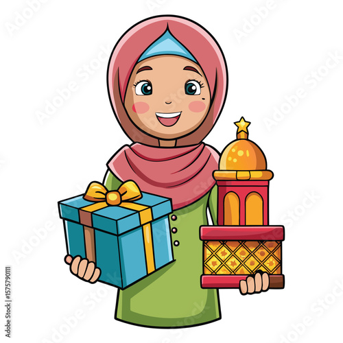 Cartoon girl in hijab holds gift and mosque-like structure