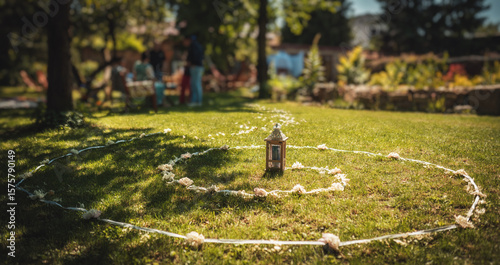 Lantern at the center of a spiral design on green grass. Wedding in nature.