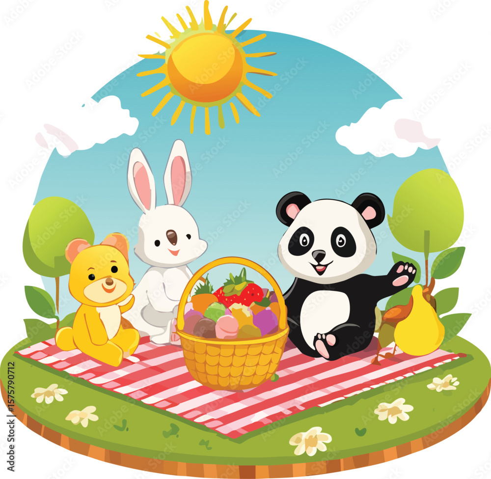 Naklejka premium Bunny, chick, puppy, and panda sharing pastel treats and fruit on a picnic mat, flowers and sunshine in the background