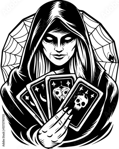 SVG of a female grim reaper with a haunting skull design. Mysterious Sorceress with Tarot Cards and Spider Web Background
