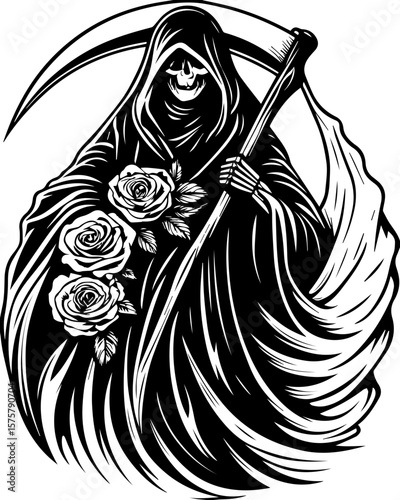 SVG of a female grim reaper with a haunting skull design. Grim Reaper with Roses in Detailed Black and White Illustration