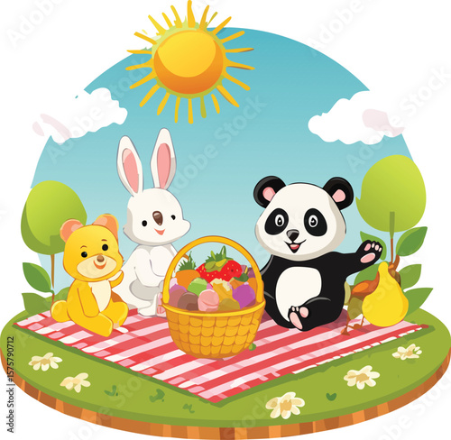 Bunny, chick, puppy, and panda sharing pastel treats and fruit on a picnic mat, flowers and sunshine in the background