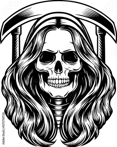 SVG of a female grim reaper with a haunting skull design. Intricate Black and White Skull Design with Long Hair and Scythe