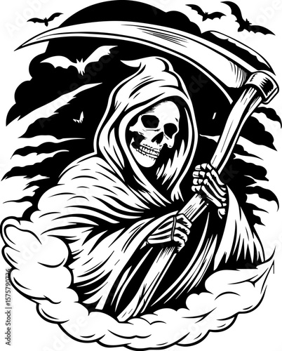 SVG of a female grim reaper with a haunting skull design. Grim Reaper Illustration with Scythe and Bats in Dark Clouds
