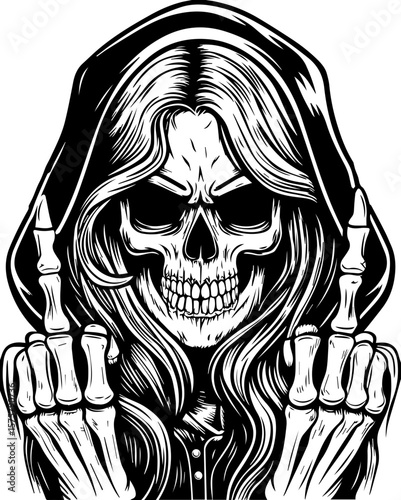 SVG of a female grim reaper with a haunting skull design. Detailed Illustration of a Skull with Long Hair and Middle Fingers