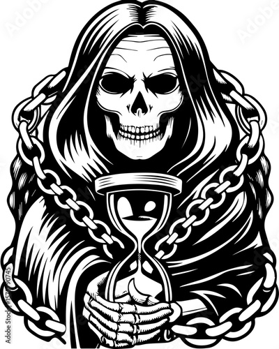 SVG of a female grim reaper with a haunting skull design. Grim Reaper Holding Hourglass in Chains, Dark and Mysterious Design