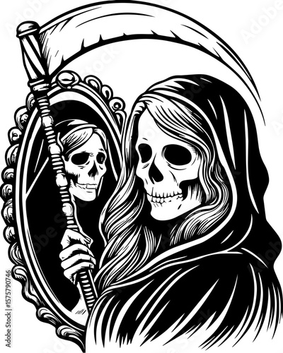 SVG of a female grim reaper with a haunting skull design. Sinister Reflection of Death and Skeleton in Mysterious Mirror Art