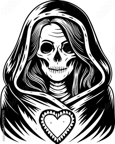 SVG of a female grim reaper with a haunting skull design. Mysterious Skull Figure in Cloak with Heart Symbol Illustration