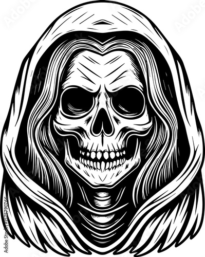 SVG of a female grim reaper with a haunting skull design. Intricate Black and White Skull Illustration with Hooded Cloak Design