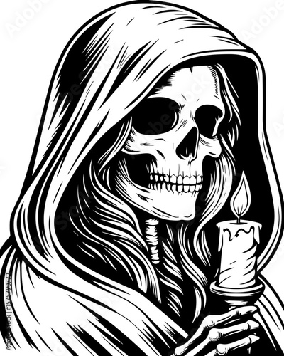 SVG of a female grim reaper with a haunting skull design. Mysterious Hooded Figure Holding Candle in Dark Atmosphere
