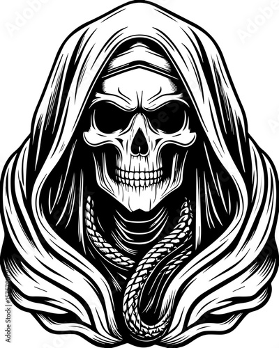 SVG of a female grim reaper with a haunting skull design. Dark Grim Reaper Skull with Hooded Cloak Artwork in Monochrome Style