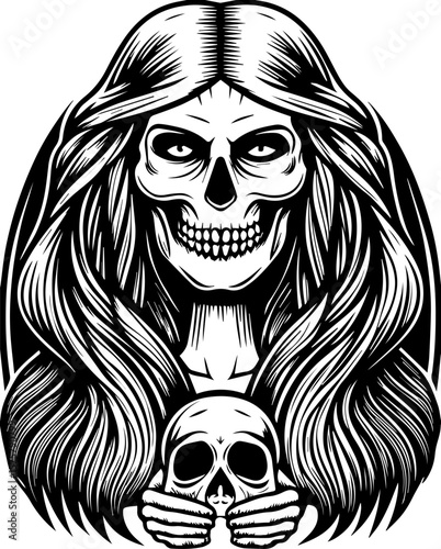 SVG of a female grim reaper with a haunting skull design. Elegant Gothic Skull Artwork with Long Hair and Detailed Design