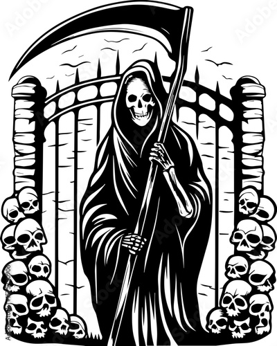 SVG of a female grim reaper with a haunting skull design. Grim Reaper Illustration with Skull Motif and Cemetery Gate Design