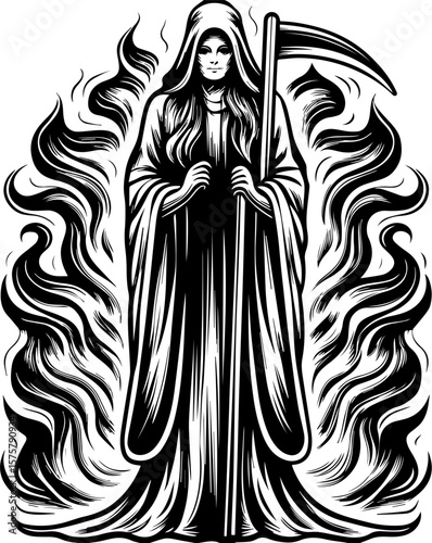 SVG of a female grim reaper with a haunting skull design. Mysterious Female Figure in Hooded Cloak with Scythe and Flames