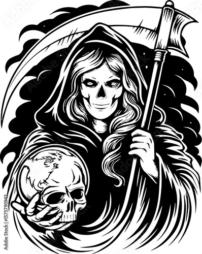 SVG of a female grim reaper with a haunting skull design. Dark Gothic Illustration of Grim Reaper Holding Skull and Globe