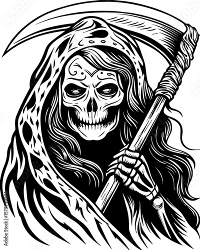 SVG of a female grim reaper with a haunting skull design. Grim Reaper with Scythe in Intricate Black and White Design