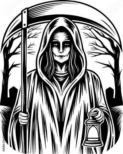SVG of a female grim reaper with a haunting skull design. Mysterious Figure in Cloak Holding Scythe and Lantern in Dark Setting