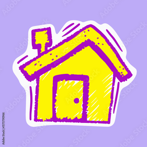 A hand-drawn yellow house icon with a purple outline on a lilac background is an illustration of a cozy house in a sketchy style.