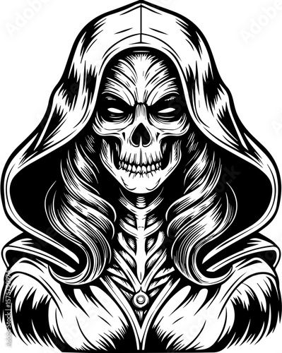 SVG of a female grim reaper with a haunting skull design. Dark Robed Figure with Skull and Flowing Hair, Vector Art Design
