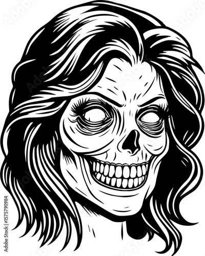 SVG of a female grim reaper with a haunting skull design. Dark Artistic Illustration of a Skull with Long Hair and Intense Expression
