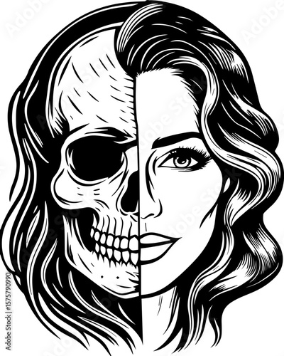 SVG of a female grim reaper with a haunting skull design. Artistic Illustration of a Skull Merging with a Beautiful Woman