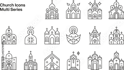 Collection of minimalist line art church icons featuring crosses domes and religious symbolism in black and white