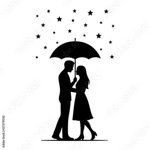 A businessman and woman are under an umbrella, representing security and shared protection
