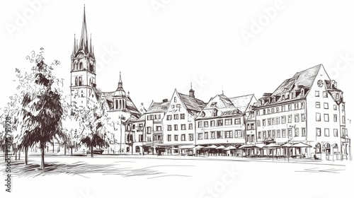 Hand-drawn sketch of a european city square.
