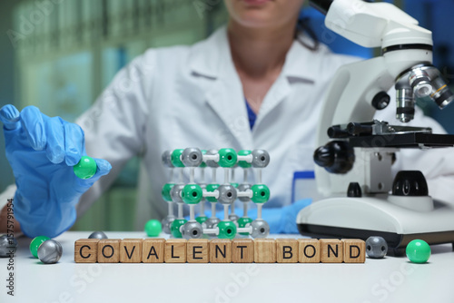 A scientist demonstrates covalent bonds using a detailed molecular model in a lab, enhancing understanding