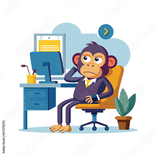Funny Monkey Daydreaming at Office Cubicle with Feet on Desk, Humorous Business Animal Character Vector Illustration for Productivity, Workplace Humor.